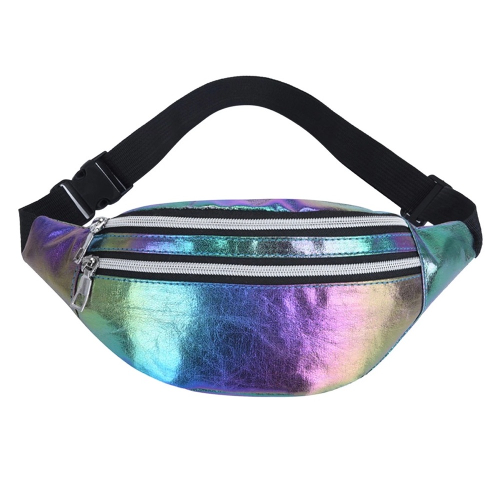 Iridescent Fanny Pack with Zipper Pockets Rainbow Rave Festival Holographic